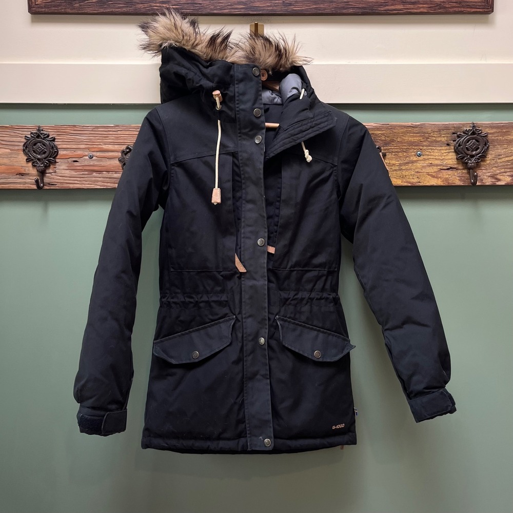 Fjallraven Singi Down Jacket W Black G-1000 Parka Faux Fur Hood Womens XS 89647